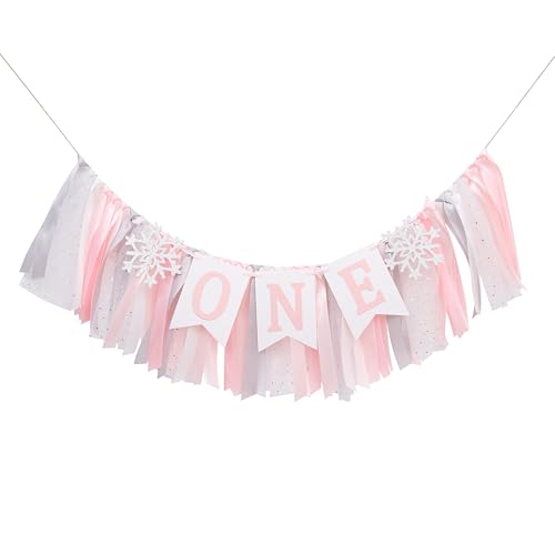 Winter Onederland Highchair Banner - Pink Snowflake First Birthday High Chair Banner, Winter Wonderland One party Decoration, Party Supplies for 1st Birthday Girls, Snowflake Birthdays Party Photo Props
