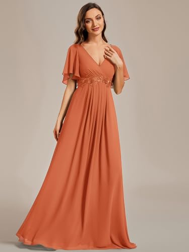 Image of Ever-Pretty Women's Chiffon V-Neck Mother of Bride Dresses A-Line Ruched Short Sleeves Appliques Bridesmaid Dress Formal Gown