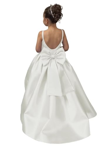 DailyValley Satin Pageant Dress for Girls Ball Gown Spaghetti Strap Flower Girl Dress Elegant Backless Party Long Dresses Ivory US7