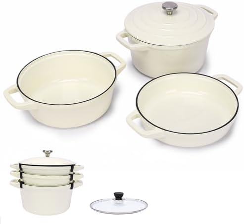 Hisencn Stackable Enamel Cookware Set, 5-Piece – 5.2QT Pot with Lid, 10-in Skillet, 4QT Frying Pan with Universal Glass Lid, Space-Saving Design, Oven and Stovetop Safe (Up to 500°F), Cream White - Thumbnail 4