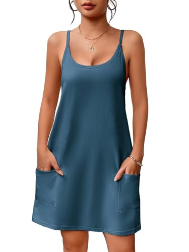 Image of Ekouaer Nightgowns for Women Sleeveless Sleepwear Adjustable Spaghetti Strap Sleepshirt Cotton Nightdress with Pockets Blue Green L