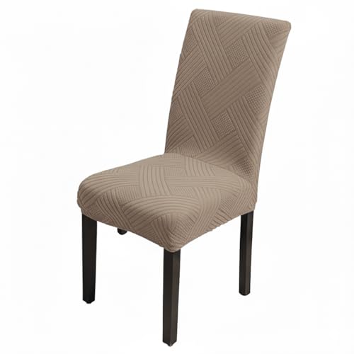 Image of House of Quirk Elegant Jacquard Chair Cover - 220 GSM Stretch Fabric, Universal Fit, Washable Short Dining Seat Protector Slipcover (Khaki, Pack of 1)
