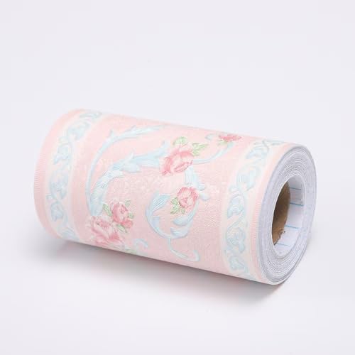 リメイクシート トリムボーダー 壁紙シール ライトピンク 10cm×3m 巾木 マスキングテープ リフォームシート きれい 花の刺繍 インテリアシール はがせる 賃貸OK