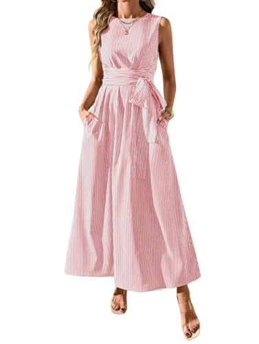 chouyatou womens tie waist striped maxi dress sleeveless cotton beach sundress swing tank long dress with pockets