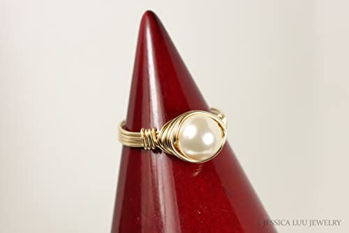 Ivory Nacre Pearl Solitaire Ring Gold Filled Wire Wrapped Handmade Jewelry #TOP4