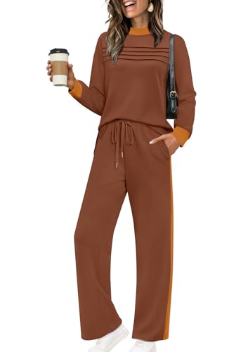 Image of WIHOLL Two Piece Sets for Women Fall Travel Vacation Outfits 2026 Long Sleeve Lounge Sets Side Slit Wide Leg Pants XS-3XL