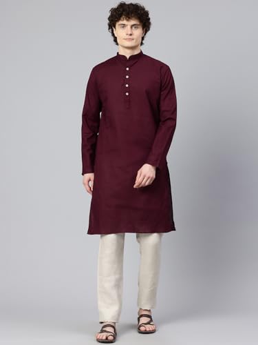 Image of Majestic Man Men's Cotton Regular Fit Casual Mandarin Collar Ethnic Motifs Solid Long Kurta