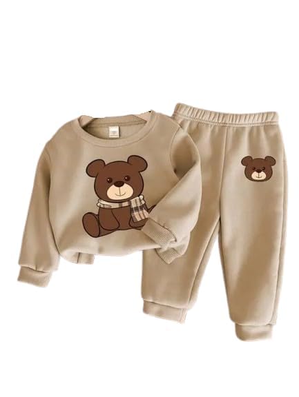 Toddler Cotton 2-Piece Winter Sweatshirt Set, Beige Long Sleeve Pullover with Teddy Bear Print, Matching Jogger Pants for Boys and Girls-image-2