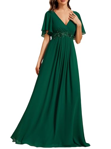 Image of Ever-Pretty Women's Spring Short Sleeve Bridesmaid Dresses V-Neck Chiffon Ruched Empire Waist Appliques Long Formal Dress