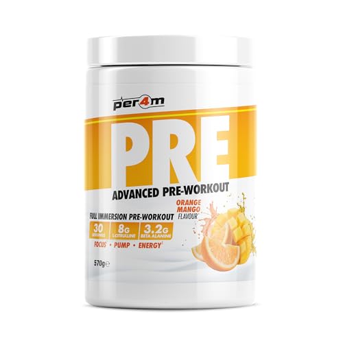 Per4m Pre Workout Powder | Intense Pump, Sustained Energy & Mental Focus | L-Citrulline, Beta Alanine & Caffeine & Added Hydration (570g, Orange & Mango)