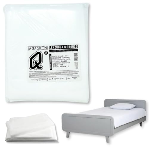 AQASKIN - Lenzuola [10 pz] Monouso in TNT 90 x 210 cm, SCONTI QUANTITÀ, Lenzuolo imbustato Singolarmente, Lenzuola Usa e Getta Igieniche, Colore Bianco.