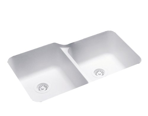 Flash Sale Buy 1 get 1 Swanstone US03015SB.010 Solid Surface Undermount Double-Bowl Kitchen Sink, 33-in L X 21.25-in H X 8.25-in H, White