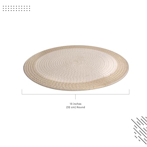 Image of Dining Table Mats Set of 2 | Cotton Table Mat 32 cm Diameter, Encasa XO Washable Round Table Mats, Heat Resistance Dining Table Placemats, Handmade Ribbed Style for Centre Table, Off White & Beige