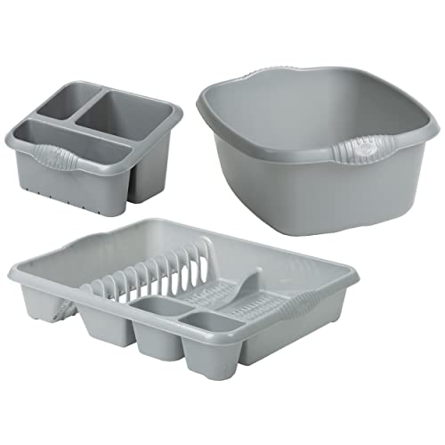 JMS we create smile Silver/Grey 3-Piece Kitchen Set - Rectangular Washing Up Bowl, Sink Tidy and Large Dish Drainer Home, Office - Made in UK