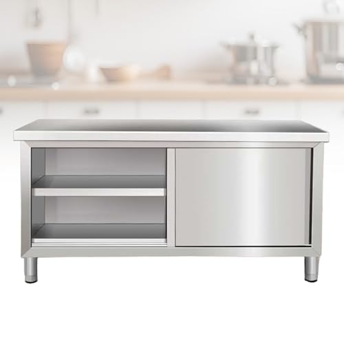 Stół kuchenny ze stali nierdzewnej – komercyjny stół warsztatowy do gastronomii i przygotowywania żywności w restauracji, 80 x 60 x 80 cm, konstrukcja drzwi przesuwnych