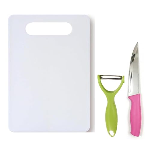 Image of Freshome Plastic Large (30 x 20 cm) Chopping Cutting Board for Kitchen (3 PC Set) Vegetables, Fruits & Cheese, with Knife and Vegetable Peeler BPA Free, Assorted Colours
