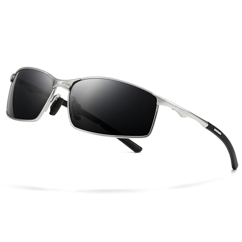 SUNGAIT Ultra Lightweight Polarized Sunglasses Men Rectangular Metal Frame with Spring Hinge (Silver Frame/Gray Lens)