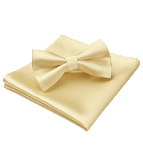 HISDERN Bow Ties for Men Solid Color Pre-Tie Bow Tie and Pocket Square Set Classic Formal Tuxedo Bowties for Wedding Party