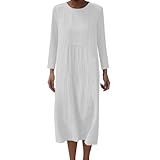 Vestido Lino Mujer Boho Chic Cuello Redondo Manga Larga, Vestido Maxi Estampado Floral Bohemio con Bolsillos para Diario Playa Viajes Primavera Verano Suelto Transpirable Retro Casual Chic