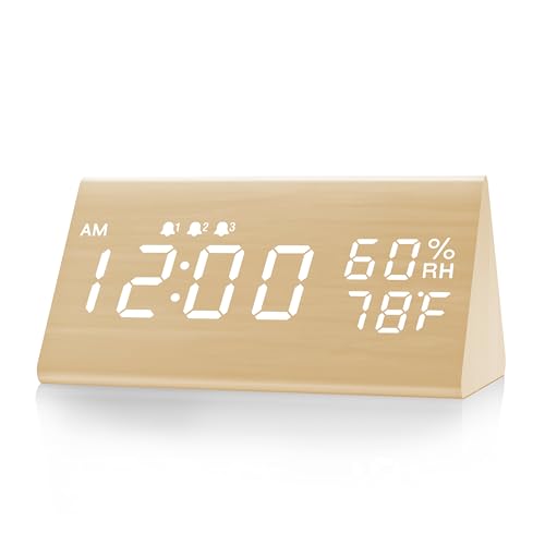 Image of JALL Digital Alarm Clock, with Wooden Electronic LED Time Display, 3 Alarm Settings, Humidity & Temperature Detect, Wood Made Electric Clocks for Bedroom, Bedside (Yellow)