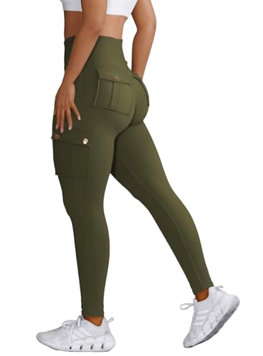 Nuofengkudu Gym Mujer Legging Push up Cintura Alta Cargo Bolsillo Elásticos Suaves Deportiva Fitness Running Yoga Pilates Mallas Pantalones Gimnasia Jogging Tights Y Verde Militar M
