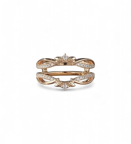 14K Gold Ring Enhancer Guard – Double Band Diamond Simulant Ring Jacket for Women – Elegant Pavé Leaf Design Wedding Ring Wrap