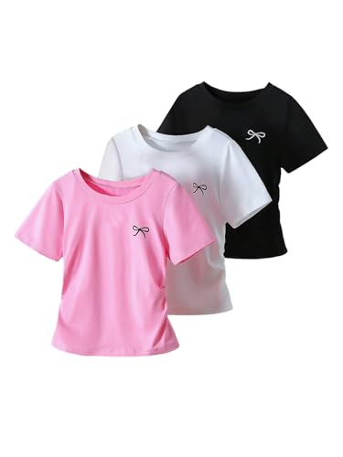 Girl's 3 Packs T Shirts Bowknot Graphic Tees Short Sleeve Crewneck Ruched Summer Tops