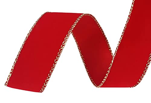 Image of Gold Edge Red Velvet Ribbon - 1 1 /2 inch x 50 Yards, Wired Edges, Christmas, Wreath, Holiday Decor, Wedding, Garland, Gift Wrap, Gift Bow, Valentine's Day