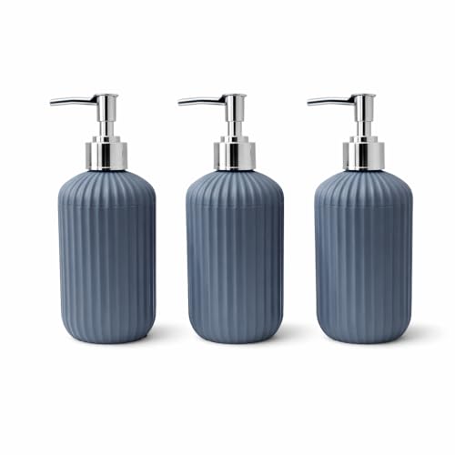 Image of LAGET 300ml Soap Dispenser for Wash Basin - Plane Ribbed Design | Kitchen and Bathroom Accessories Items | Refillable Handwash Dispenser Bottle- Set of 3 (Metallic Blue)