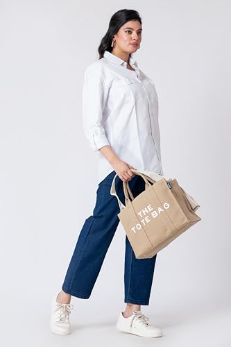 AQVA Heavy Cotton Canvas Shoulder Bag/Tote Bag For Women With Detachable Sling Strap | Printed Multipurpose Handbag With Top Zip, Best For Shopping, Travel, Work, Beach, Office, College