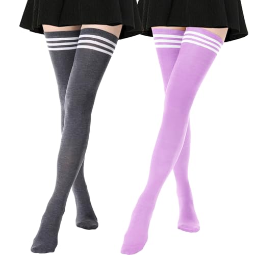 Image of AQOKKA Extra Long Thigh High Socks for Women Striped Over Knee Thigh Socks Long Boot Thigh High Stockings Leg Warmers