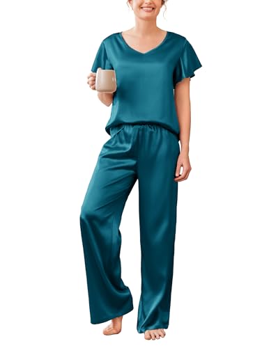 Image of Ekouaer Women's Satin Silky Pajama Set 2 Piece Short Sleeve Shirt with Long Pants Pjs Sets Soft PJ Loungewear S-XXL