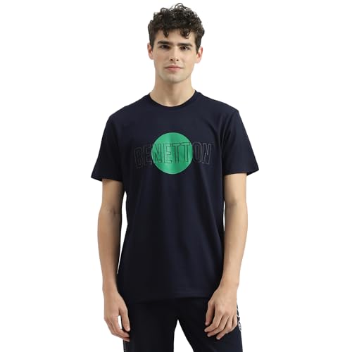 Image of UNITED COLORS OF BENETTON Men's Cotton Solid Regular Fit T-Shirts (24P3099J3357I016 Blue,Medium