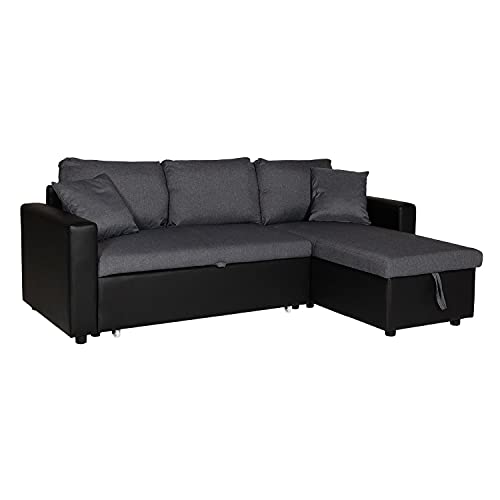 Happy Garden Canapé d'angle Convertible Clark 3 Places en Tissu et Simili Gris chiné et Noir. Canapé avec méridienne réversible et Coffre de Rangement.