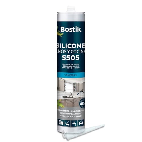 BOSTIK S505 Silicona Baños y Cocinas Translúcida, Silicona Universal, Máxima Resistencia al Moho, Compatible con Esmaltes y Lacados, Secado Express, No Ennegrece, Interior y Exterior, Cartucho 280 ml