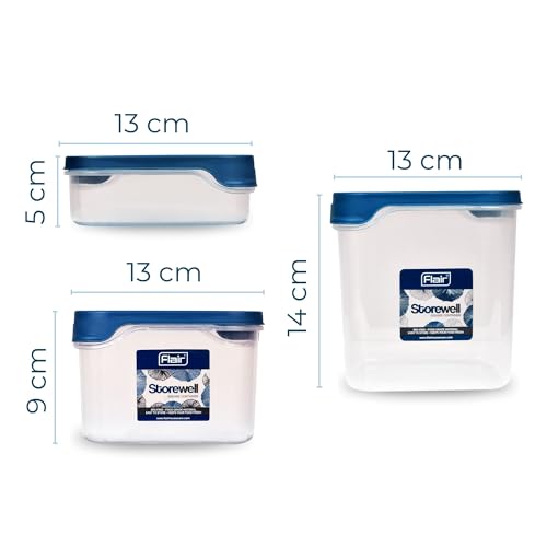 Image of FLAIR Storewell Square Plastic Food Storage Container Set, Airtight Kitchen Containers for Rice, Atta & Grains, BPA-Free, Food Grade Storage Boxes (Blue, Set of 3 (.55L, 1.15L, 1.8L))