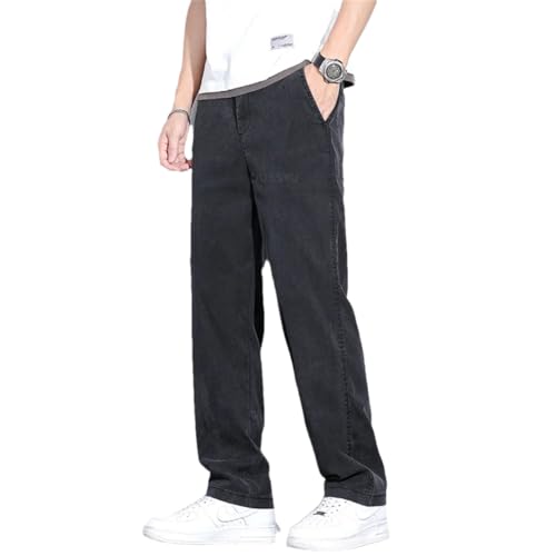 Men Summer Upgrade Soft Lyocell Fabric Jeans Ultrathin Blue Elastic Waist Loose Straight Denim Trousers