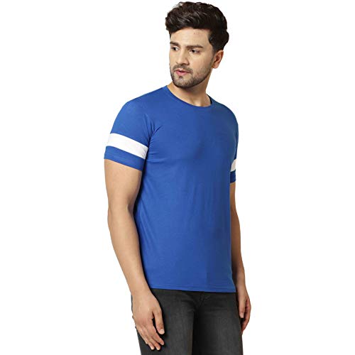 Image of London Hills Men's Half Sleeve 100% Pure Cotton Casual Round Neck with Stripe on Arm, Regular Fit Non-Shrinkable Multicolor T-Shirts