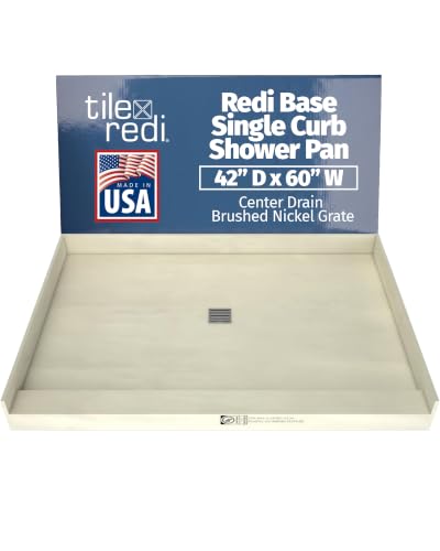 Redi Base 42 In x 60 In Single Curb Tileable Shower Pan with Center Drain and Brushed Nickel Grate