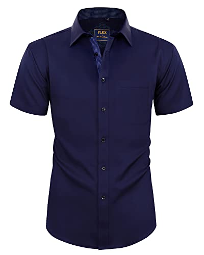 Alimens & Gentle Mens Short Sleeve Dress Shirts Wrinkle Free Solid Casual Button Down Shirts with Pocket Navy Blue Large