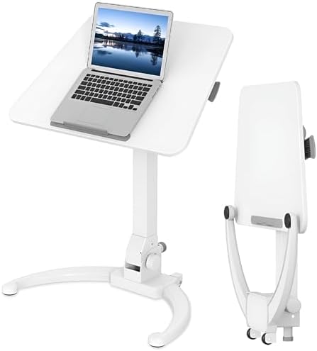 PrimeCables Portable Folding Standing Desks, Heavy-Duty Adjustable Mobile Overbed Table for Home Office Dormitory Hospital Use, Sit to Stand Workstation Tiltable Top & 22 lbs Capacity