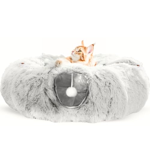 One PETS-TOP Tunnel Chat Rond XXL en Peluche Douce – Lit Tunnel Cachette Confort – Cabane Intérieure pour Chat – Cat Tunnel (Gris Perle)