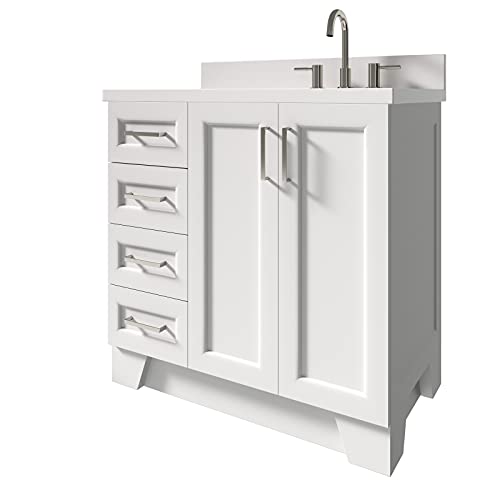 Ariel 37" Inch White Bathroom Vanity W/ 1.5" Edge Pure White Quartz Countertop W/Back & Sidesplash | Right Side Rectangle Sink | 2 Soft-Closing Doors | 5 Full Extension Dovetail Drawers Satin Nickel #TOP4