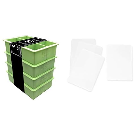 Silicone Ice Cube Trays by M. Gastro Kitchens, SAVE WITH OUR ECONOMY 4 PACK, Extra Large Ice Cubes, Space Saving Design, 6 Cavity (Green with 4 Lids) Cover