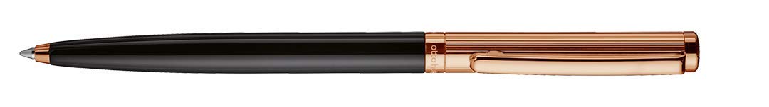 Otto Hutt design 01 Kugelschreiber 001-16426 – Kuli mit hochwertiger Beschichtung, Streifen Guilloche und glänzender Oberfläche in der Farbe Schwarz-Roségold – Mit Großraummine M, blau
