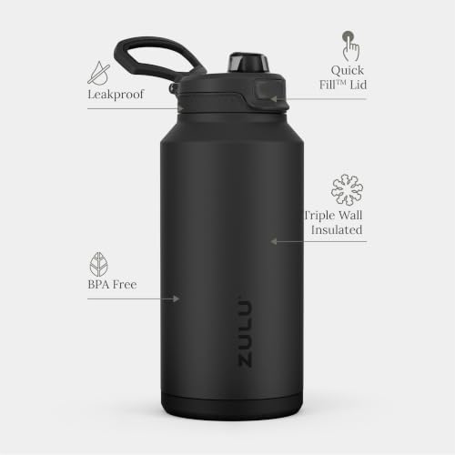 Image of ZULU Powerfill Pro 64oz Half Gallon Stainless Steel Water Bottle with Quick Fill Lid, Triple Walled Vacuum Insulated Metal, Leak Proof Locking Lid, Sip and Chug, Reusable BPA Free, Black Monochrome