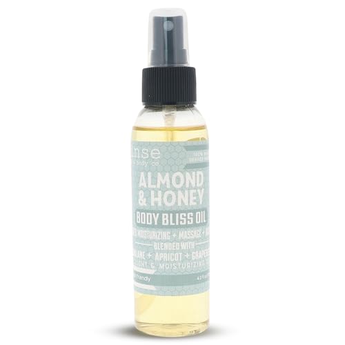 Rinse Bath & Body Almond & Honey Body Oil Moisturizer Spray - Natural, Light & Fast Absorbing | Squalane, Grapeseed & Apricot Oil | All Skin Types | Shower & Massage | Vitamin E | Handmade | 4floz