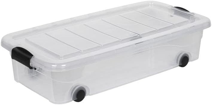 Storage boxes with lids and wheels. Transparent design made from robust plastic. Available in various sizes (selectable). (30 litre underbed box)