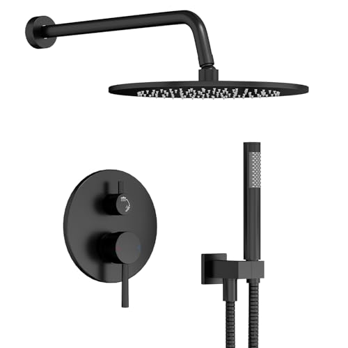 Image of Gabrylly Black Shower Faucet Set, Wall Mounted System with Shower Valve, High Pressure 10 inch Rain Shower head with Handheld Spray Combo, 2 Way Rainfall Shower Fixtures, Matte Black