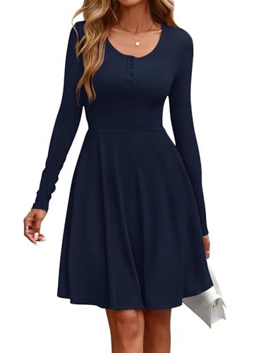 EIRUKON Damen Kleid Langarm Rundhals Herbstkleid Elegant Pulloverkleid Gerippt Knielang Lässiges Herbst Winter A Linie Midikleid mit Taschen,Blau,M